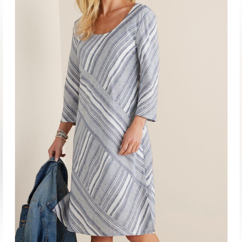 SOFT SURROUNDINGS Sonya Linen Blend  Dress Plus Size 3X long sleeve blue stripe